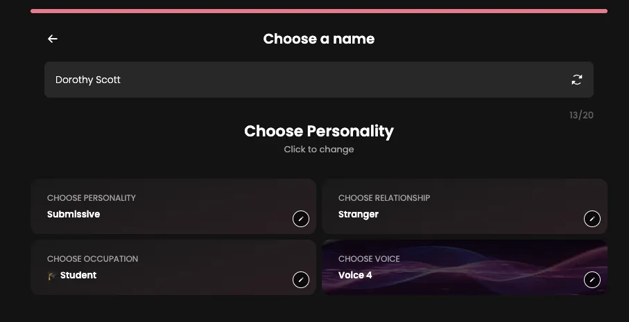 Captura de Candy AI: nombre del personaje y selección de personalidad, relación, ocupación y voz